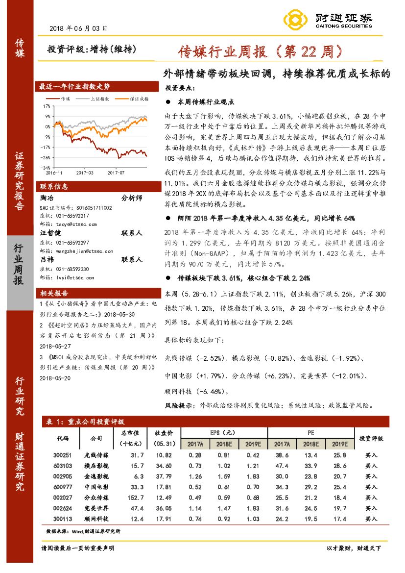 财通证券：传媒行业周报（第22周）：外部情绪带动板块回调，持续推荐优质成长标的