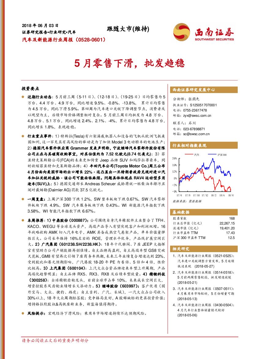 西南证券：汽车及新能源行业周报：5月零售下滑，批发趋稳