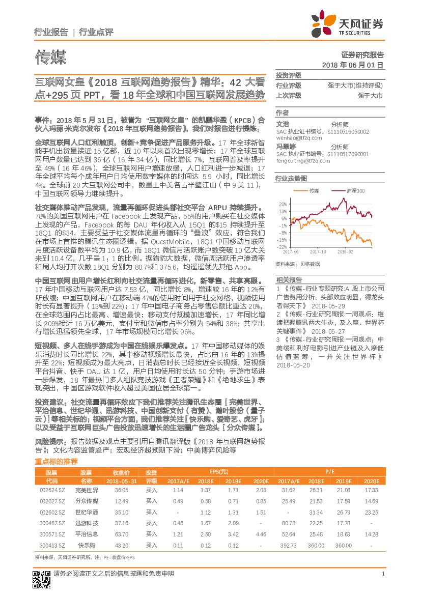 天风证券：传媒行业点评：互联网女皇《2018互联网趋势报告》精华：42大看点+295页 PPT， 看18年全球和中国互联网发展趋势