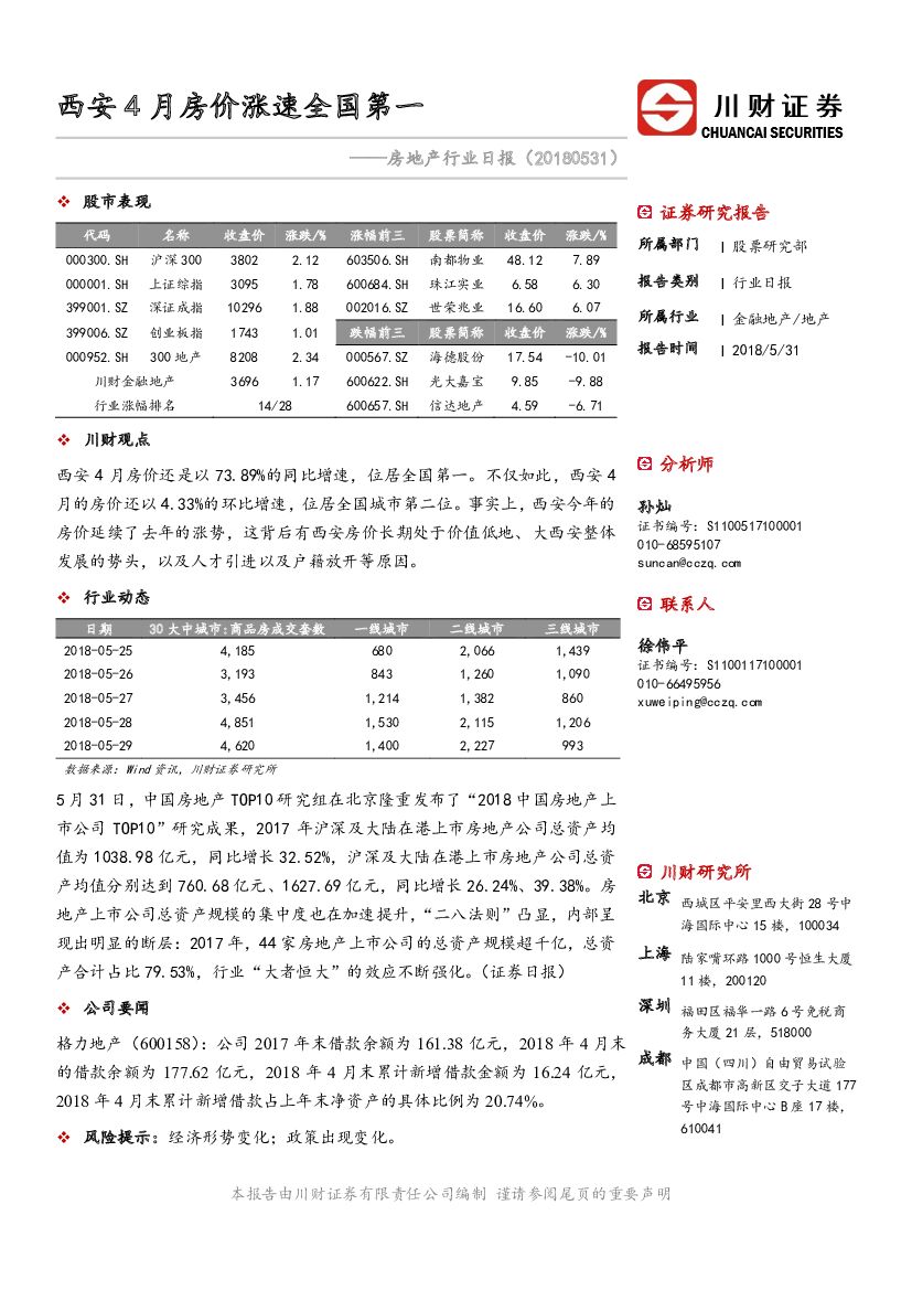 川财证券：房地产行业日报：西安4月房价涨速全国第一