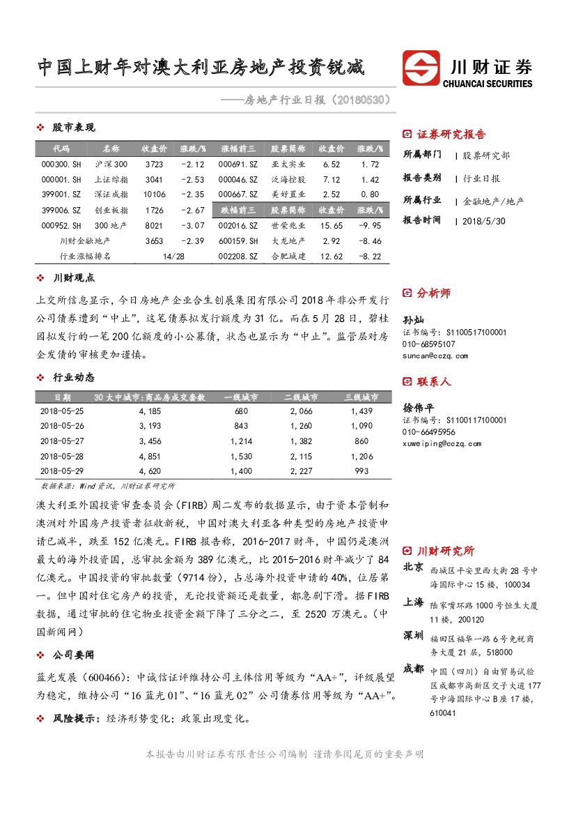 川财证券：房地产行业日报：中国上财年对澳大利亚房地产投资锐减