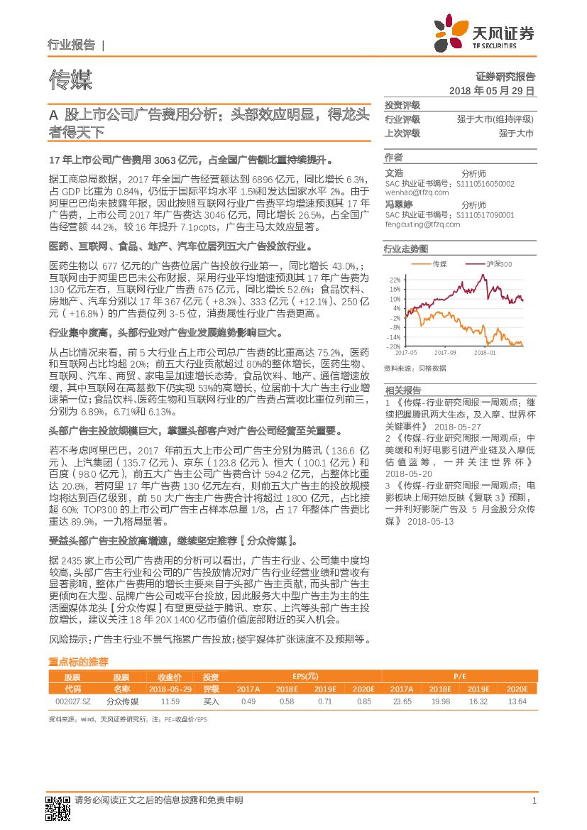 天风证券：传媒行业报告：A股上市公司广告费用分析：头部效应明显，得龙头者得天下