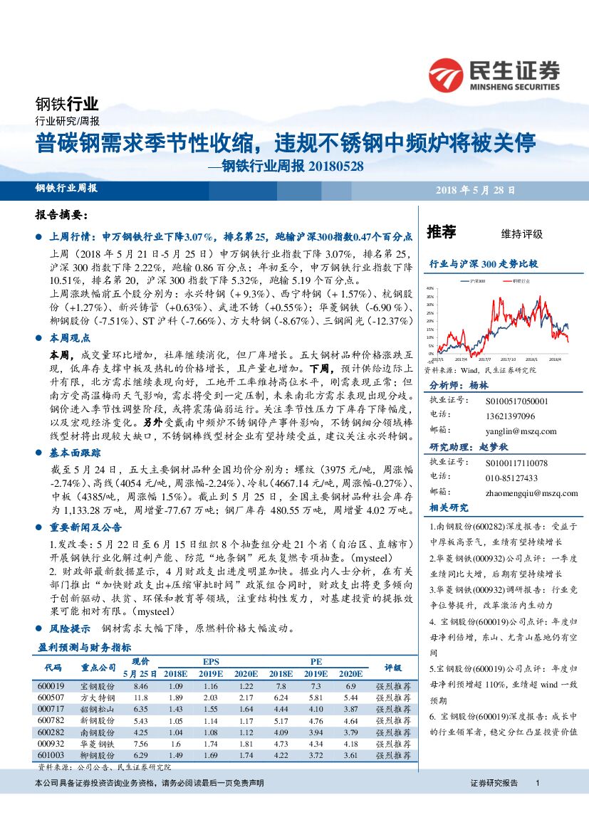 民生证券：钢铁行业周报：普碳钢需求季节性收缩，违规不锈钢中频炉将被关停