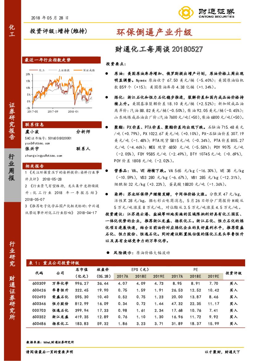 财通证券：化工每周谈：环保倒逼产业升级