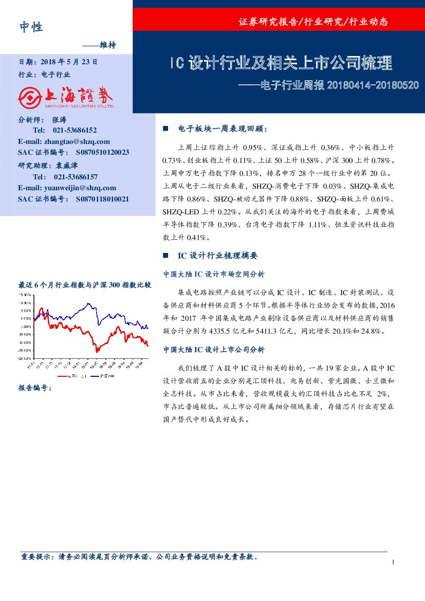上海证券：电子行业周报：IC设计行业及相关上市公司梳理