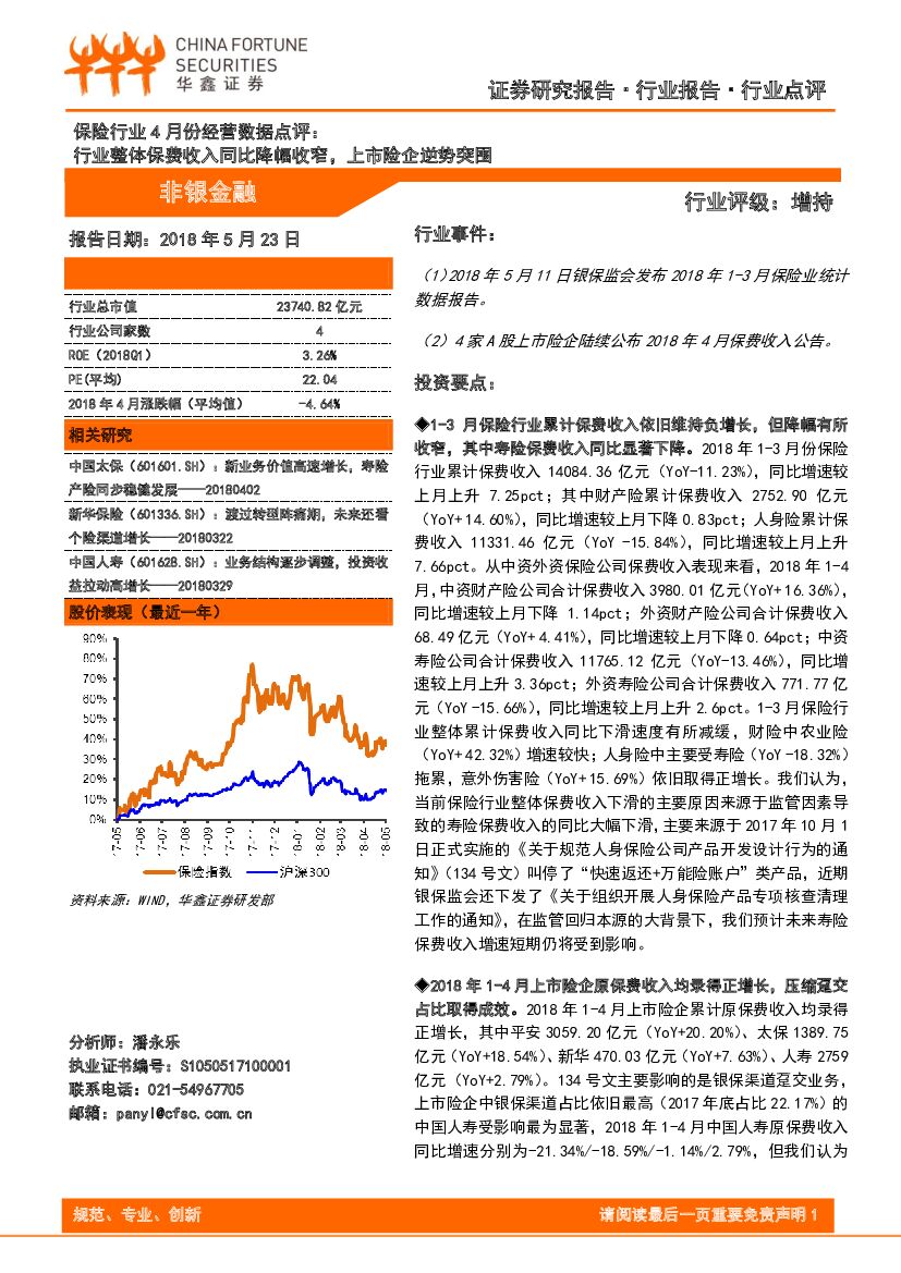 华鑫证券：保险行业4月份经营数据点评：行业整体保费收入同比降幅收窄，上市险企逆势突围