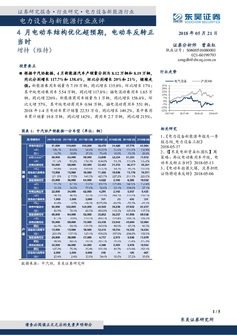 东吴证券：电力设备与新能源行业点评：4月电动车结构优化超预期，电动车反转正当时