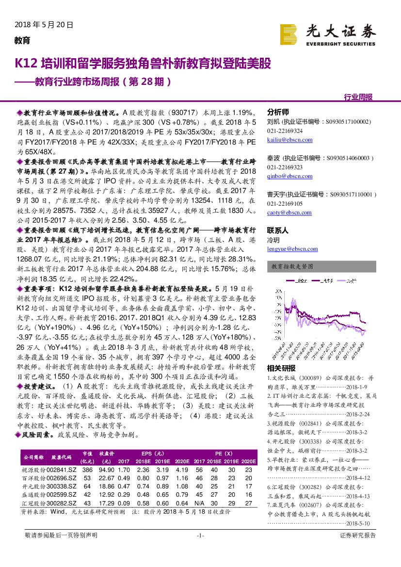 光大证券：教育行业跨市场周报(第28期)：K12培训和留学服务独角兽朴新教育拟登陆美股