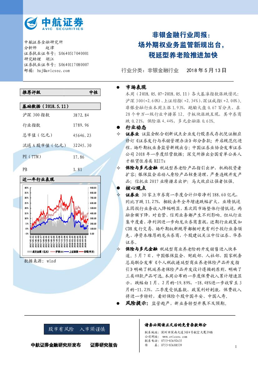 中航证券：非银金融行业周报：场外期权业务监管新规出台，税延型养老险推进加快