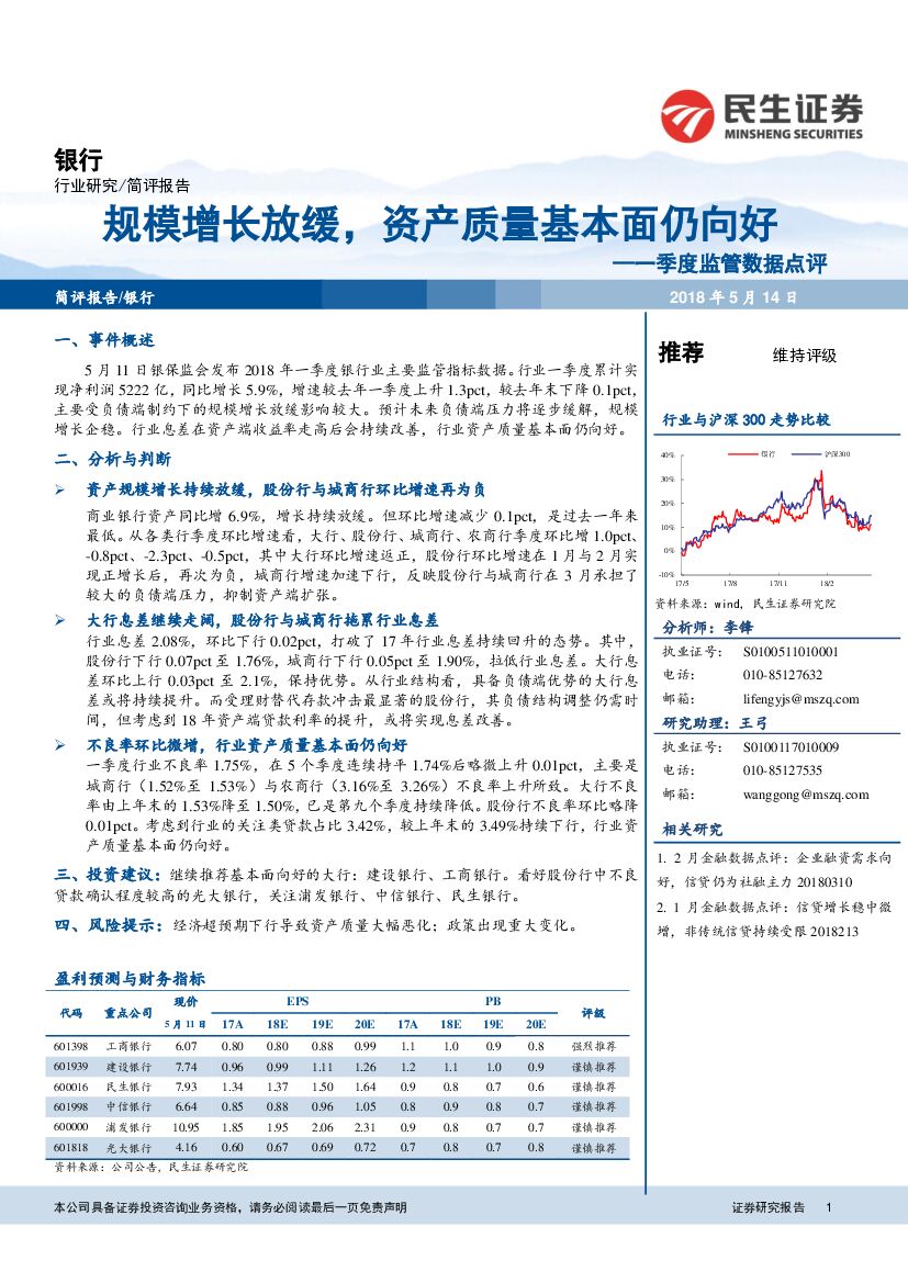 民生证券：银行一季度监管数据点评：规模增长放缓，资产质量基本面仍向好