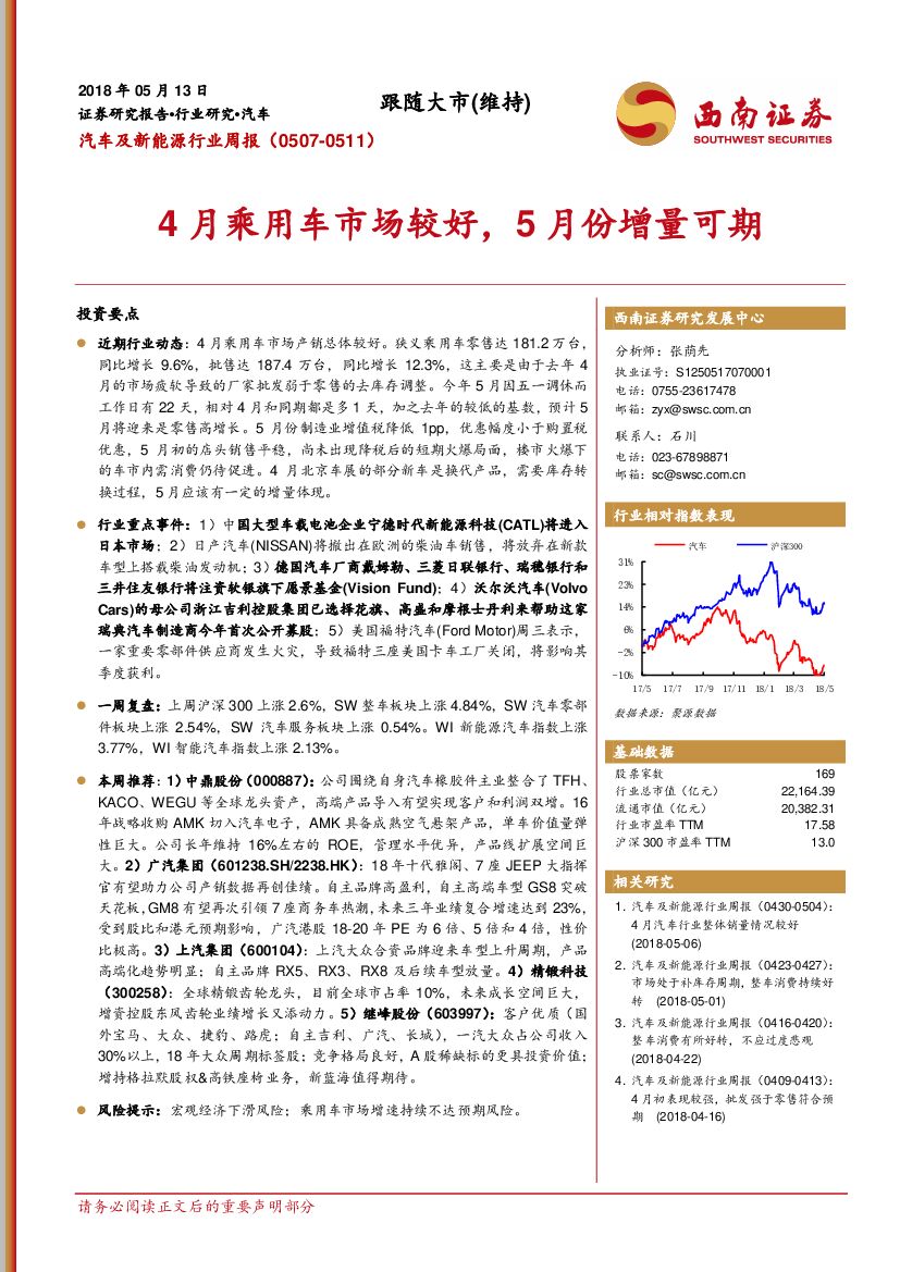西南证券：汽车及新能源行业周报：4月乘用车市场较好，5月份增量可期