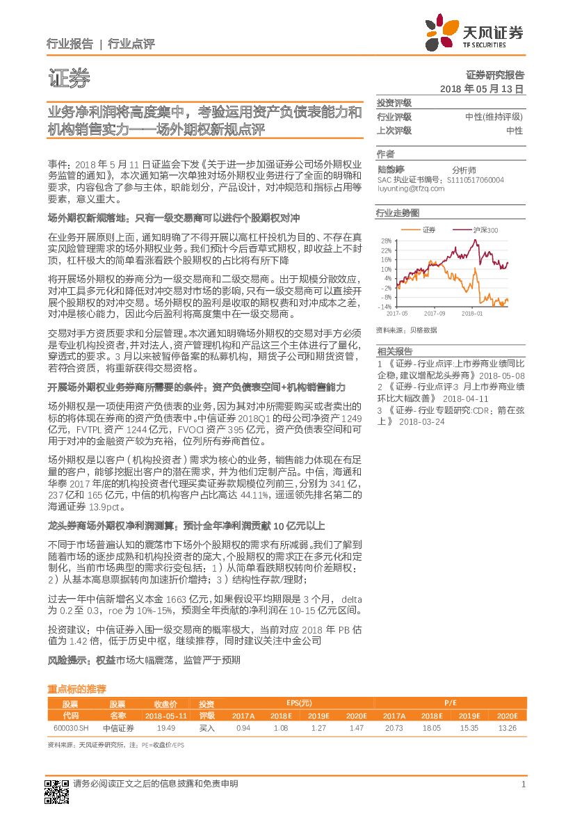 天风证券：场外期权新规点评：业务净利润将高度集中，考验运用资产负债表能力和机构销售实力