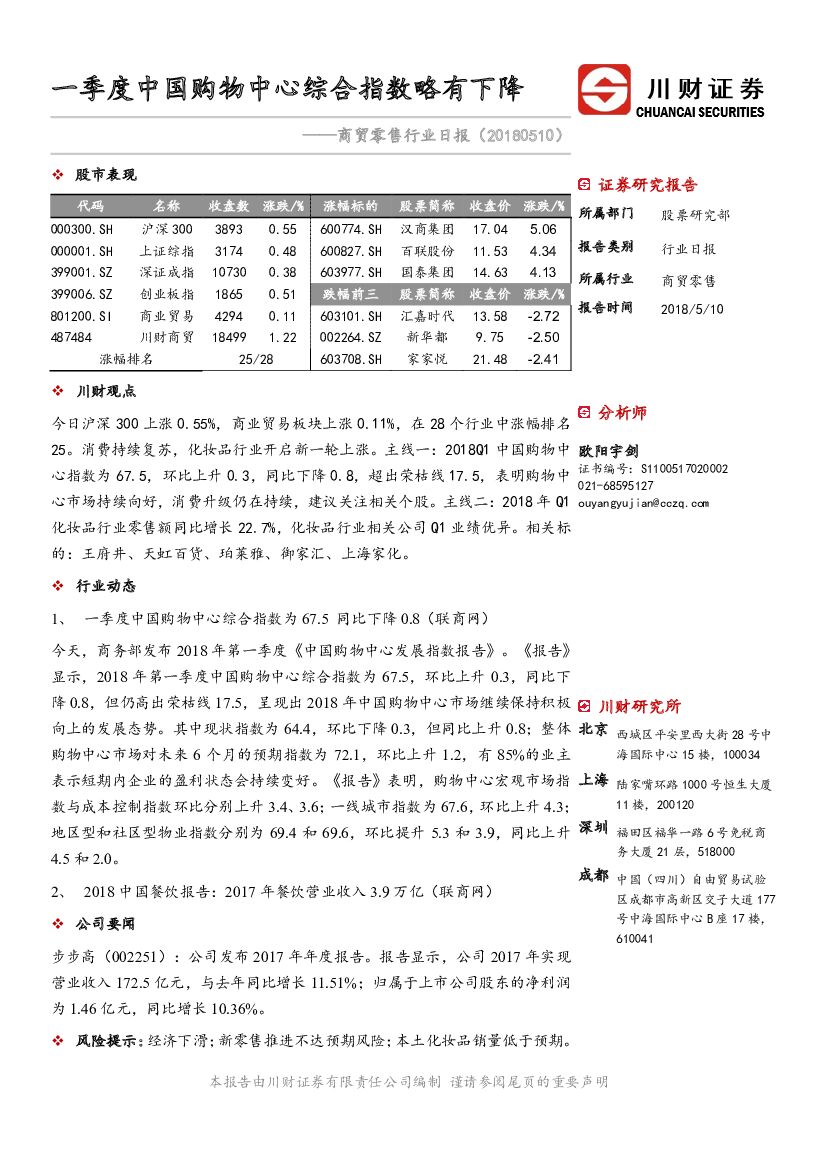 川财证券：商贸零售行业日报：一季度中国购物中心综合指数略有下降