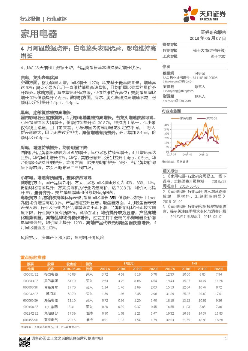 天风证券：家用电器：4月阿里数据点评-白电龙头表现优异，彩电维持高增长
