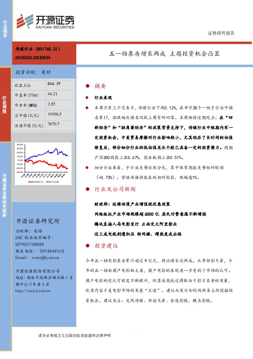 开源证券：传媒行业周报：五一档票房增长两成 主题投资机会凸显