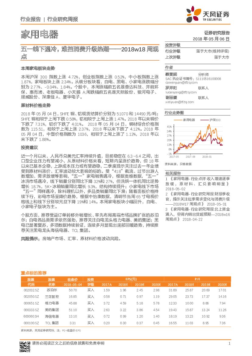 天风证券：家用电器2018w18周观点：五一线下遇冷，难挡消费升级热潮