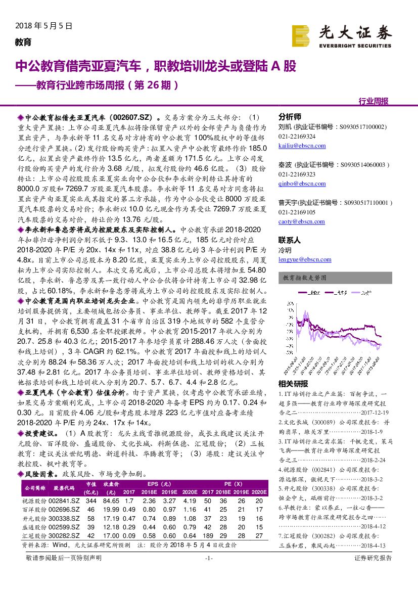光大证券：教育行业跨市场周报（第26期）：中公教育借壳亚夏汽车，职教培训龙头或登陆A股