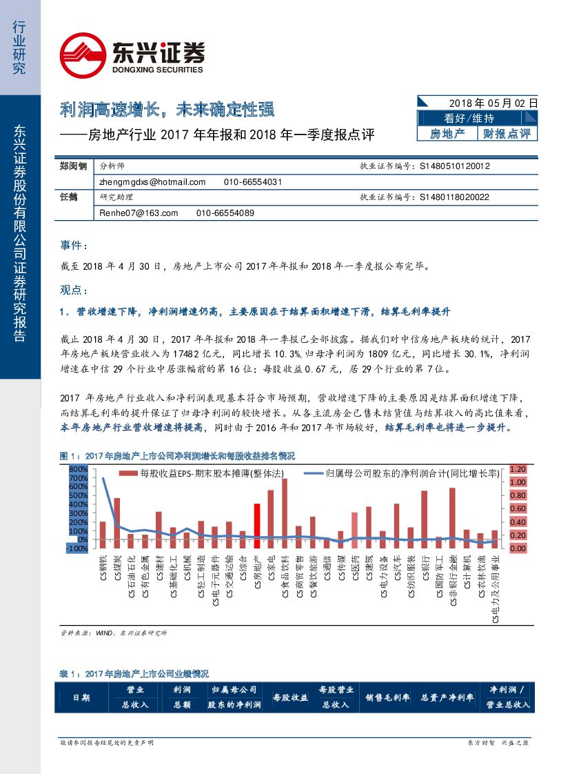 东兴证券：房地产行业2017年年报和2018年一季度报点评：利润高速增长，未来确定性强