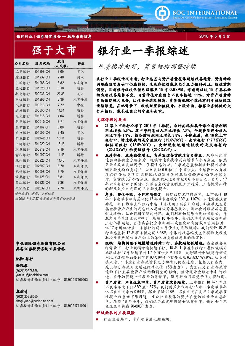 中银国际：银行业一季报综述：业绩稳健向好，资负结构调整持续
