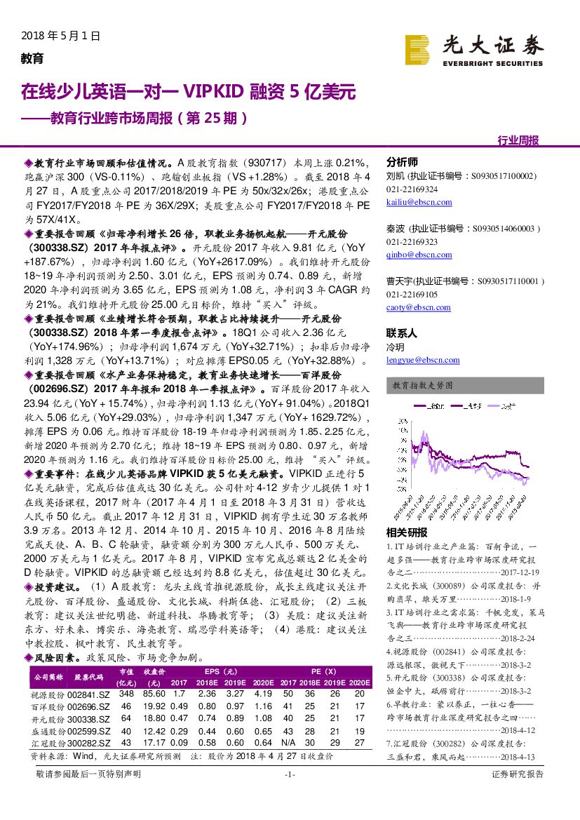 光大证券：教育行业跨市场周报（第25期）：在线少儿英语一对一VIPKID融资5亿美元