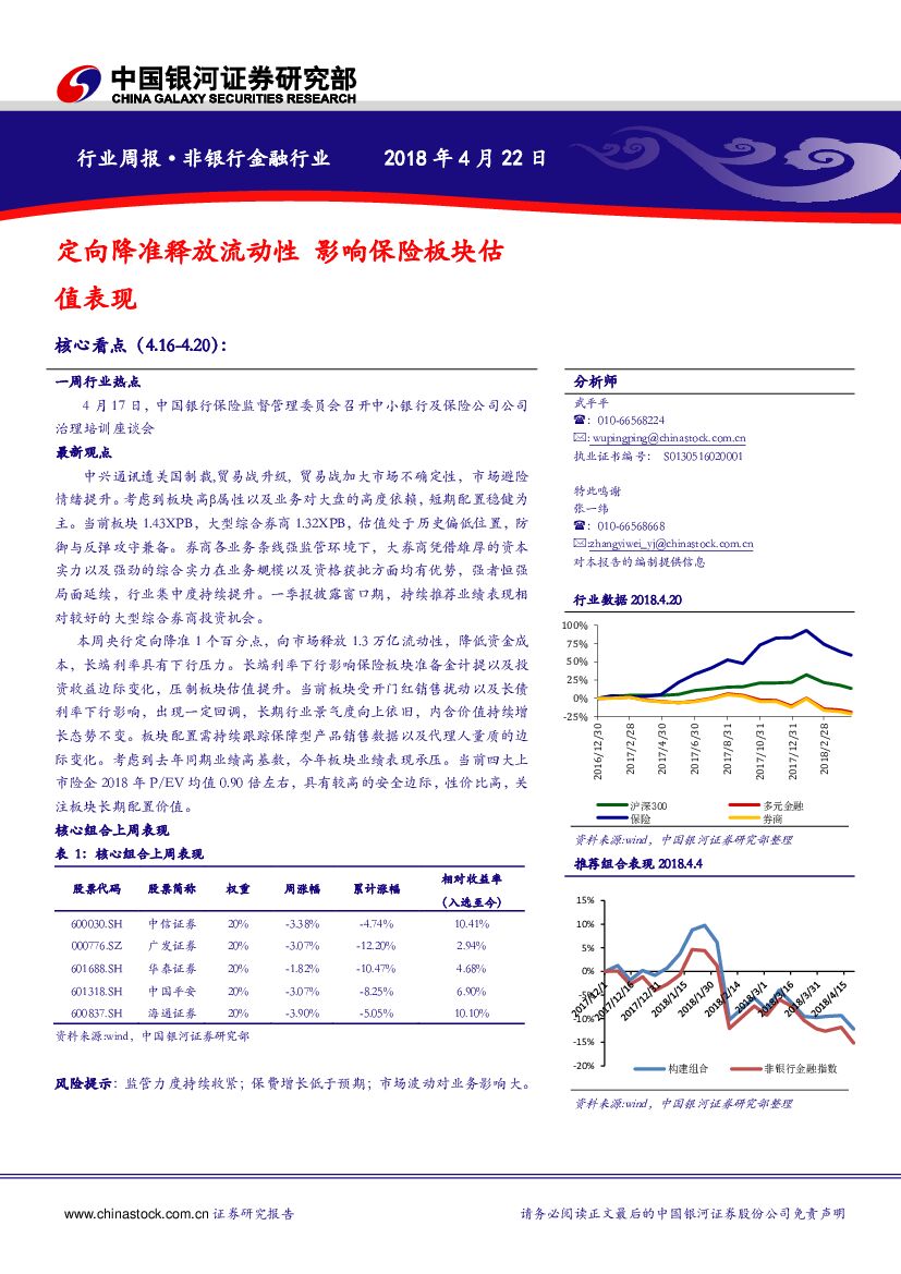 中国银河：非银行金融行业周报：定向降准释放流动性 影响保险板块估值表现