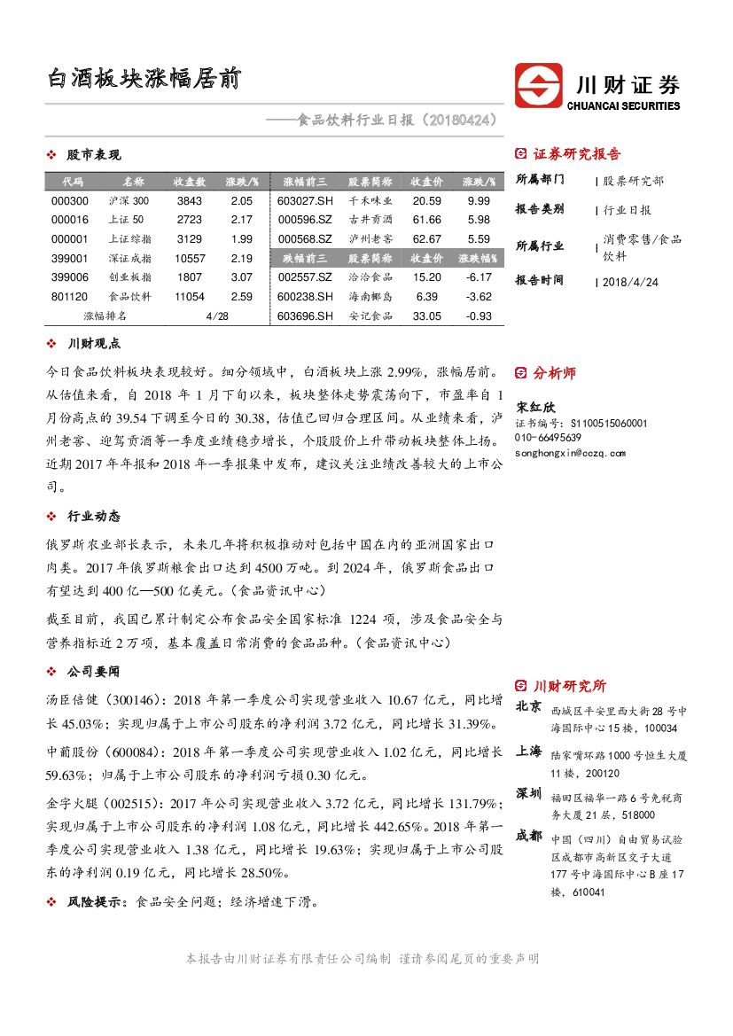 川财证券：食品饮料行业日报：白酒板块涨幅居前