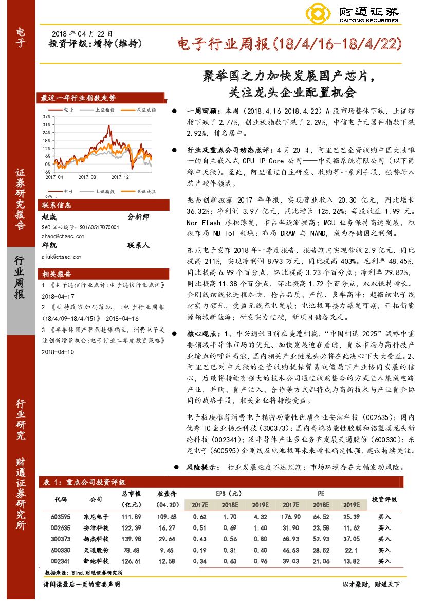 财通证券：电子行业周报:举国之力加快发展国产<em>芯片</em>，关注龙头企业配置机会 海报