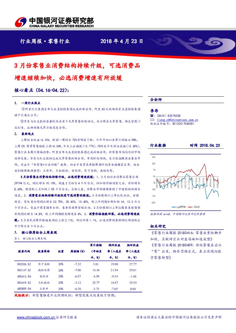 中国银河：零售行业周报：3月份零售业消费结构持续升级，可选消费品增速继续加快，必选消费增速有所放缓