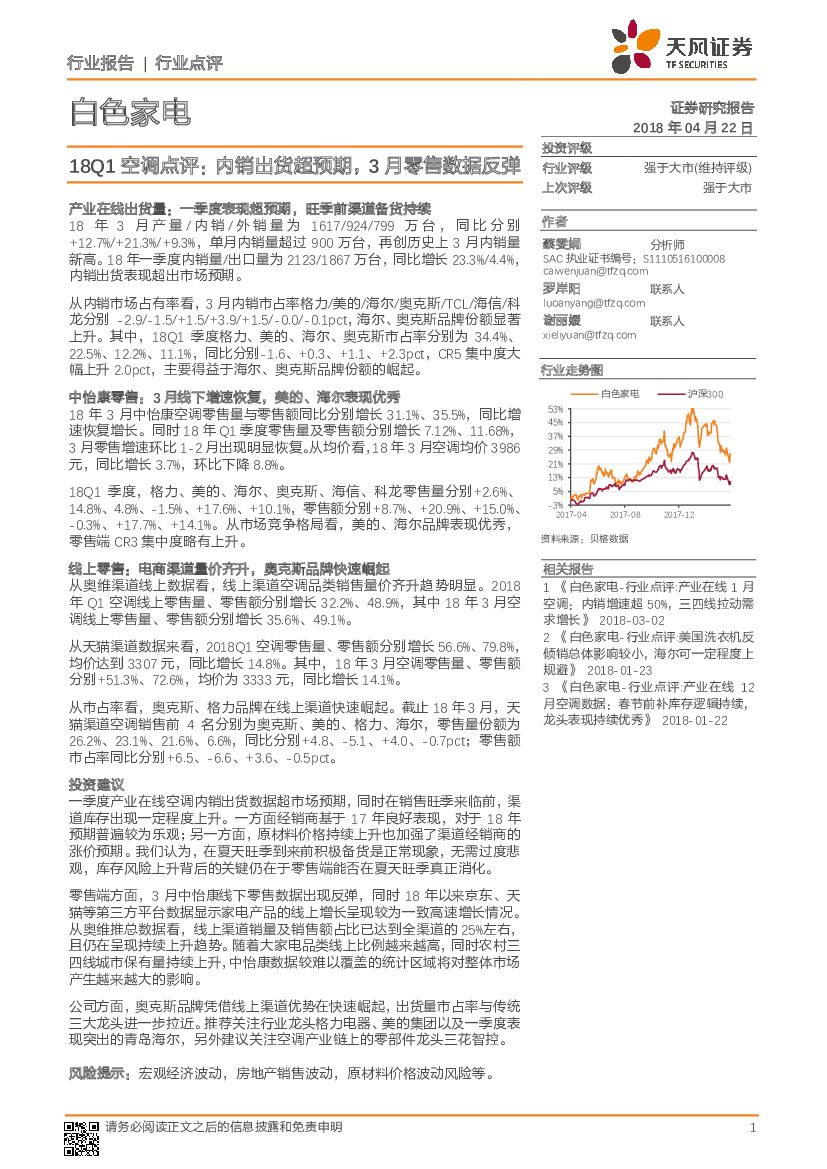 天风证券：白色家电：18Q1空调点评：内销出货超预期， 3月零售数据反弹