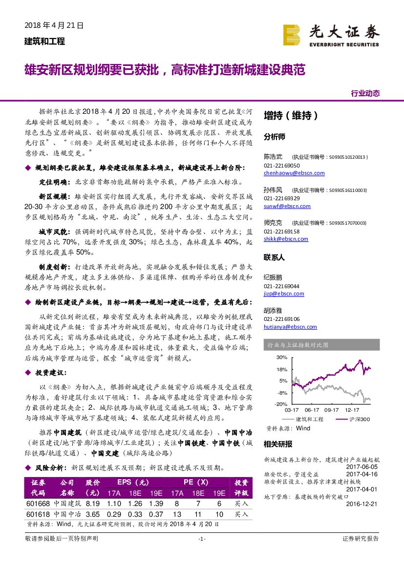 光大证券：建筑和工程行业动态：雄安新区规划纲要已获批，高标准打造新城建设典范