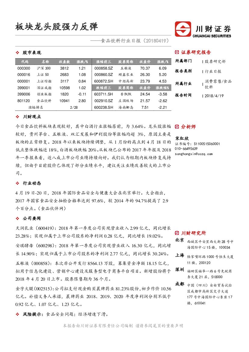 川财证券：食品饮料行业日报：板块龙头股强力反弹
