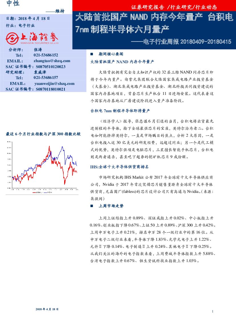 上海证券：电子行业周报：大陆首批国产NAND内存今年量产 台积电7nm制程半导体六月量产