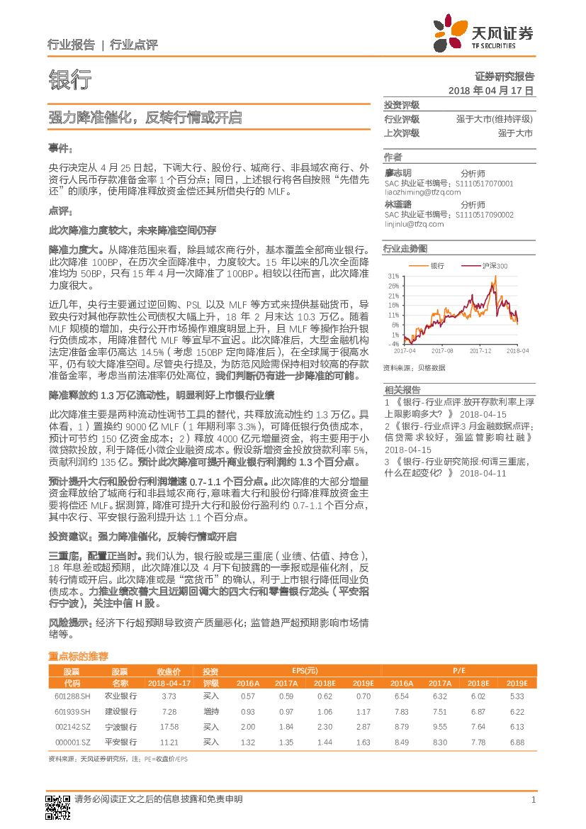 天风证券：银行行业点评：强力降准催化，反转行情或开启