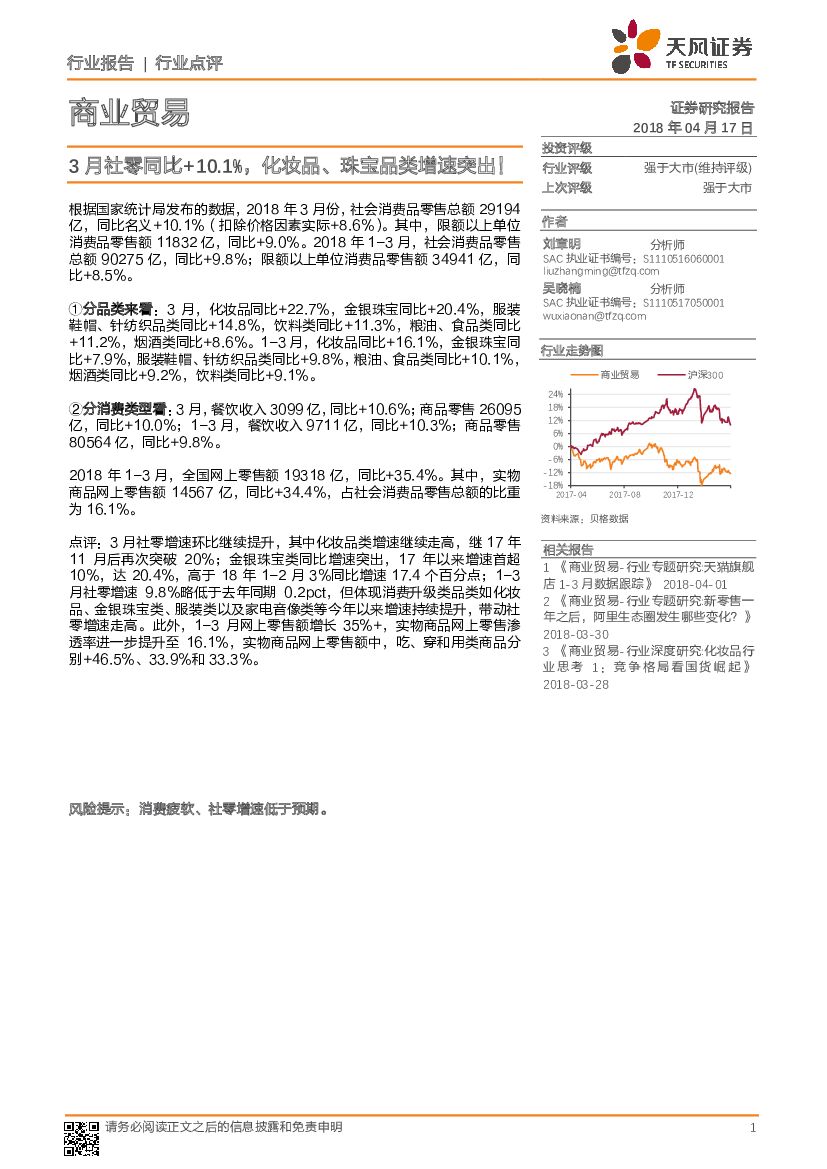 天风证券：商业贸易行业点评：3月社零同比+10.1%，化妆品、珠宝品类增速突出！