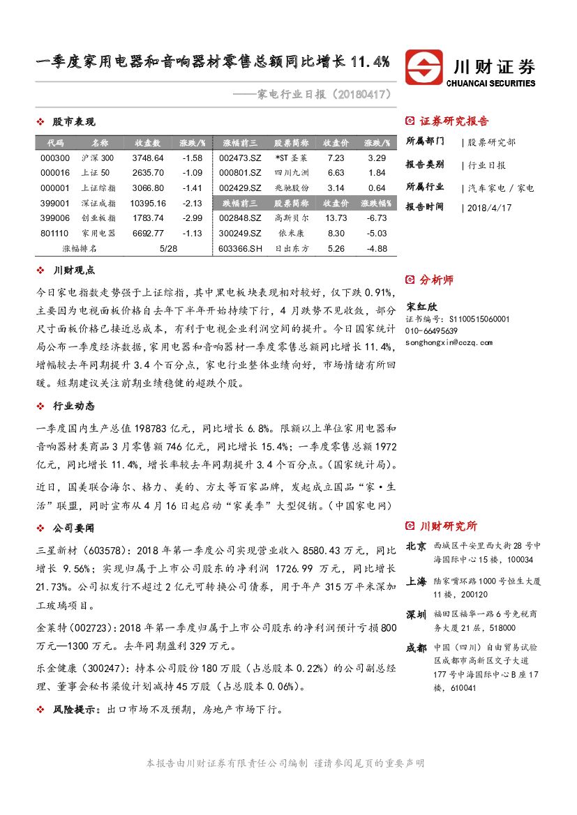 川财证券：家电行业日报：一季度家用电器和音响器材零售总额同比增长11.4%