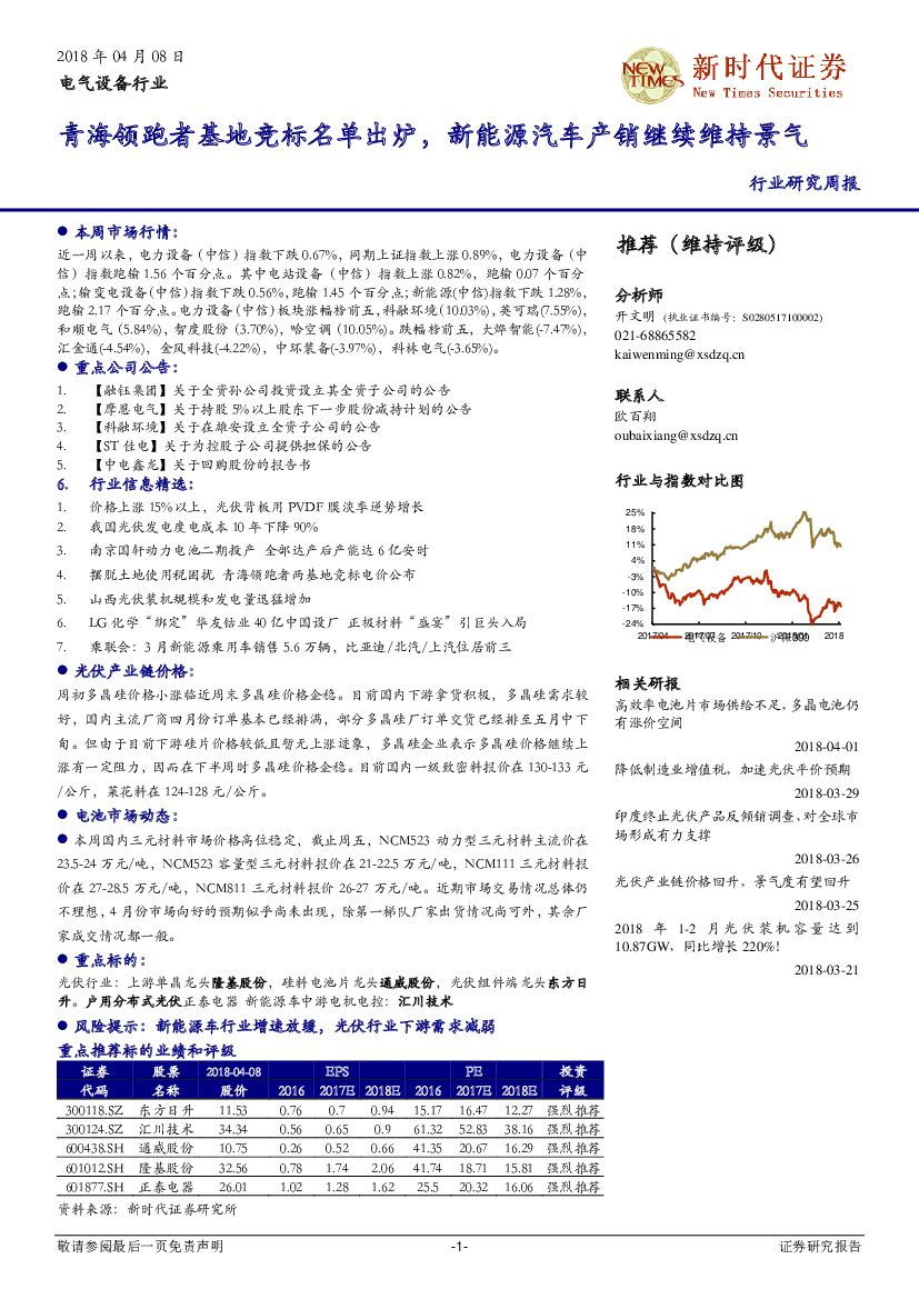 新时代证券：电气设备行业研究周报：青海领跑者基地竞标名单出炉，新能源汽车产销继续维持景气