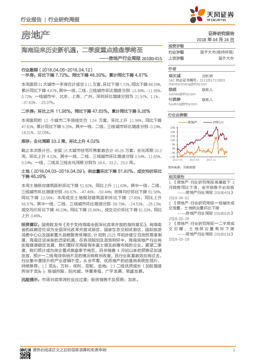 天风证券：房地产行业周报：海南迎来历史新机遇，二季度重点推盘季将至