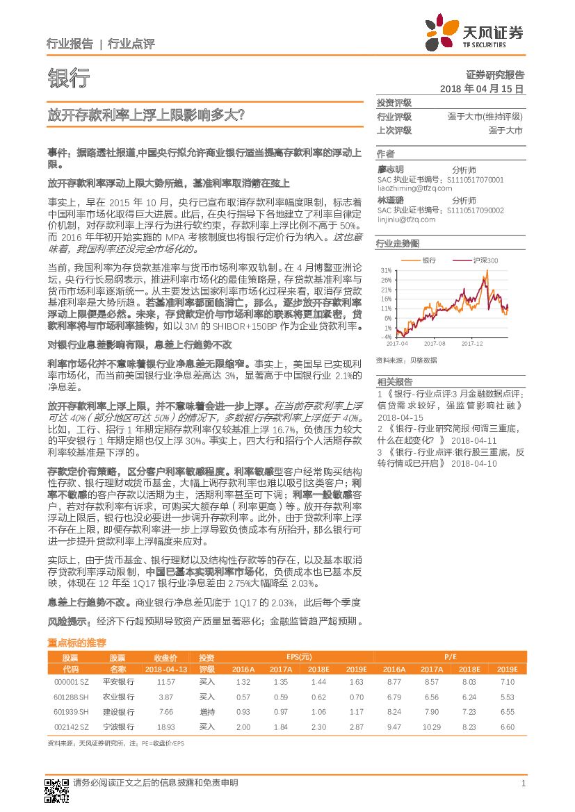 天风证券：银行：放开存款利率上浮上限影响多大？