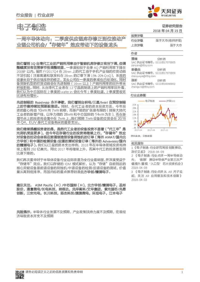 天风证券：电子制造行业点评：一周半导体动向：二季度<em>供应链</em>库存修正到位推动产业链公司机会/“存储年”效应带动下的设备龙头 海报