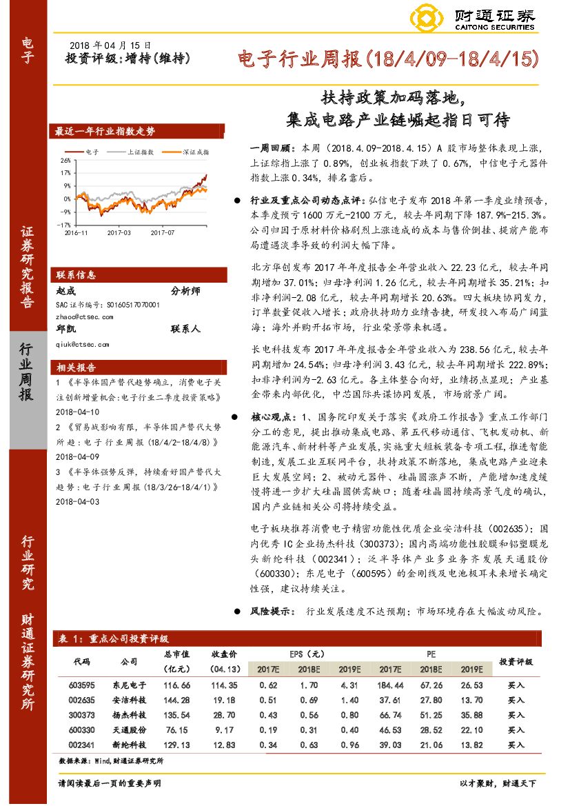 财通证券：电子行业周报：扶持政策加码落地，集成电路产业链崛起指日可待