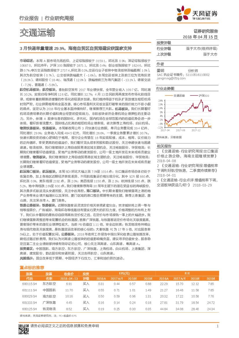 天风证券:交通运输行业研究周报:3月<em>快递</em>单量增速29.9%,海南自贸区自贸港建设获国家支持 海报