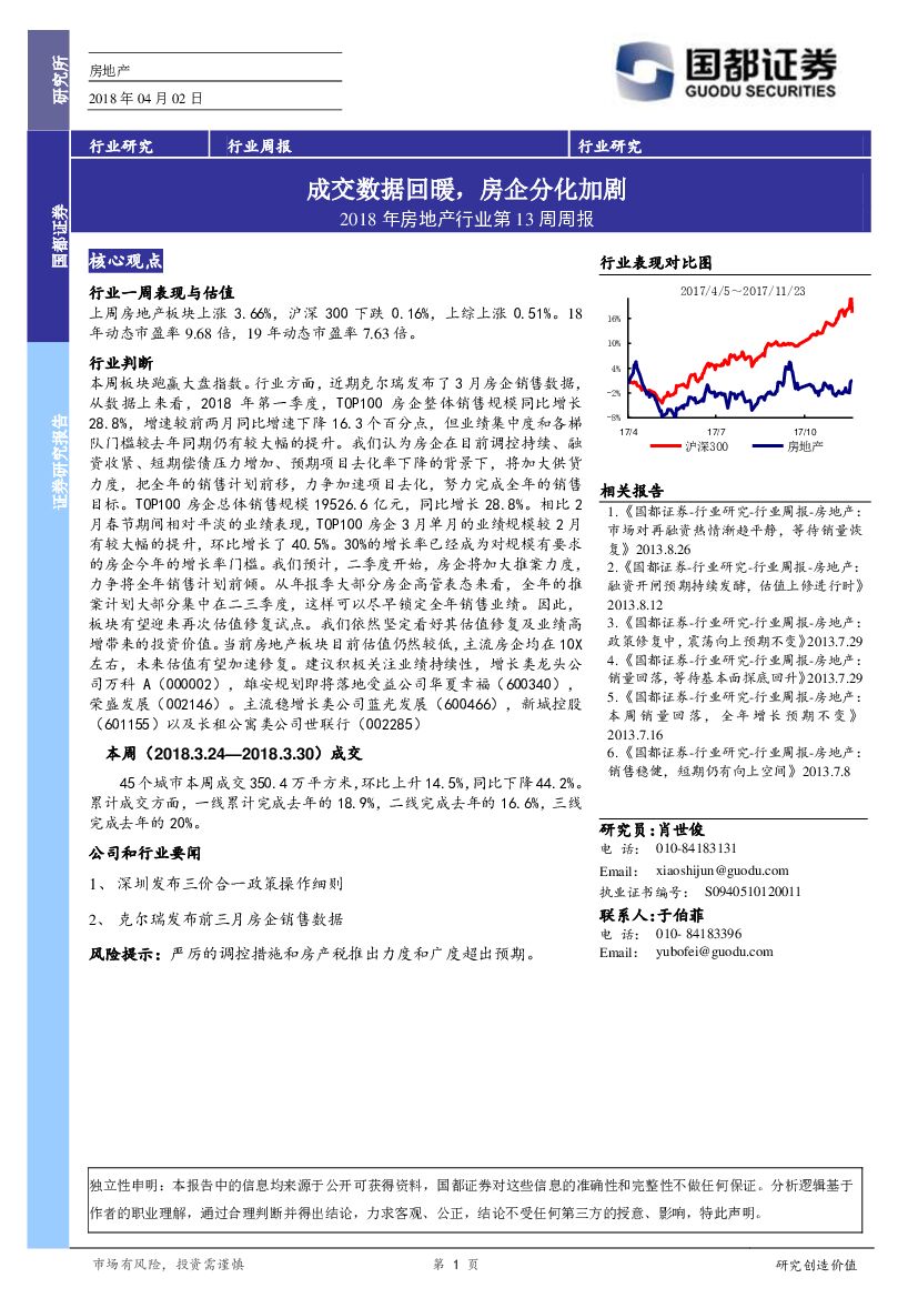 国都证券：2018年房地产行业第13周周报：成交数据回暖，房企分化加剧