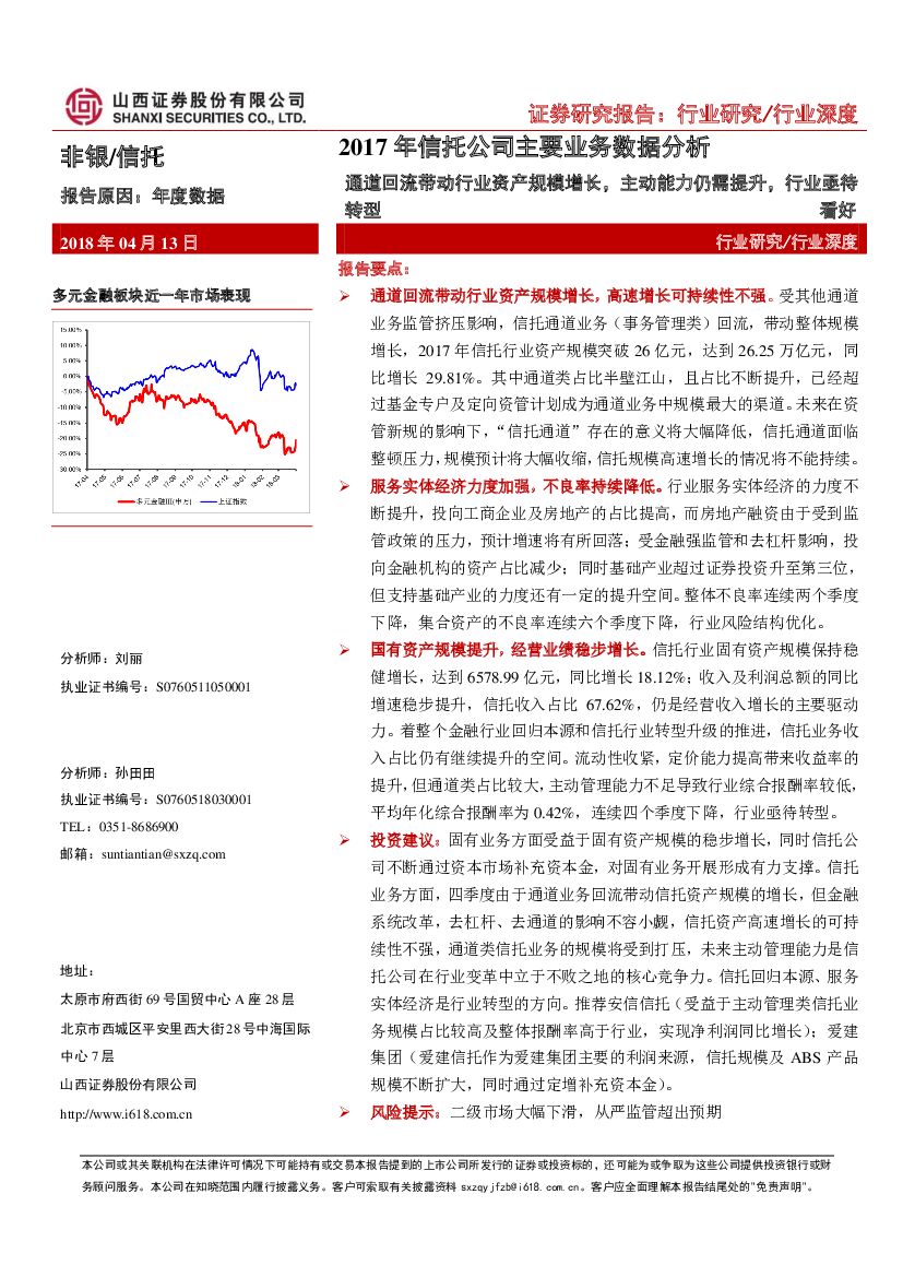 山西证券：2017年信托公司主要业务数据分析：通道回流带动行业资产规模增长，主动能力仍需提升，行业亟待转型