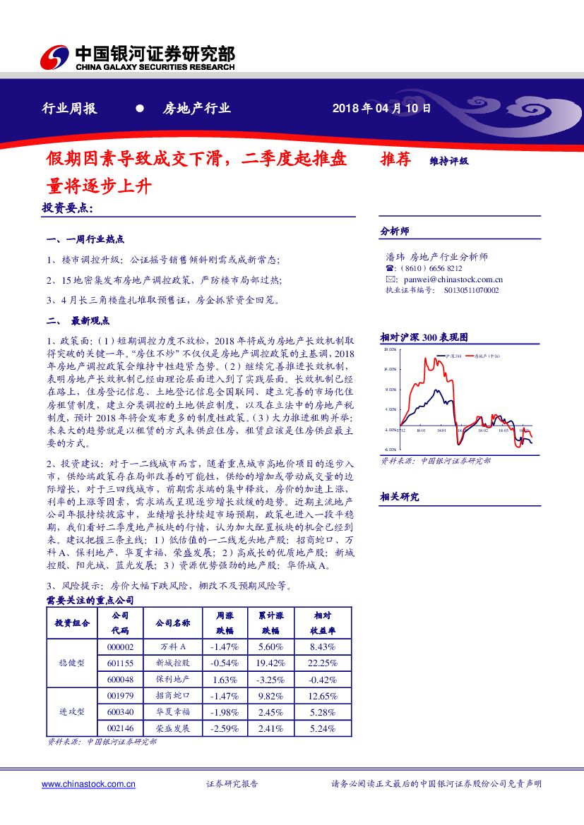 中国银河：房地产行业周报：假期因素导致成交下滑，二季度起推盘量将逐步上升