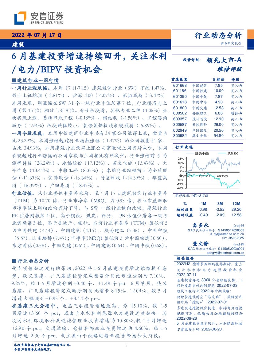 安信证券：建筑行业动态分析：6月基建投资增速持续回升，关注水利/电力/BIPV投资机会 海报