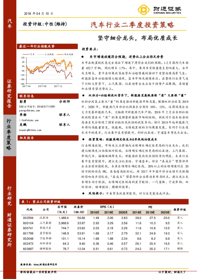 财通证券：汽车行业二季度投资策略：坚守细分龙头，布局优质成长