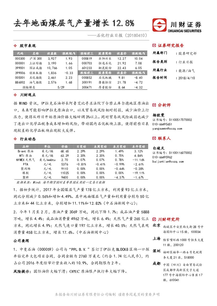 川财证券：石化行业日报：去年地面煤层气产量增长12.8%