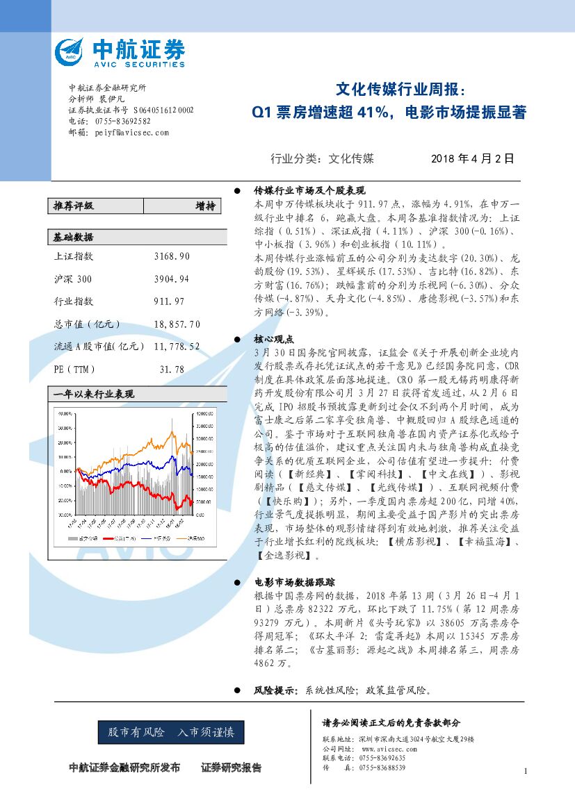 中航证券：文化传媒行业周报：Q1票房增速超41%，电影市场提振显著