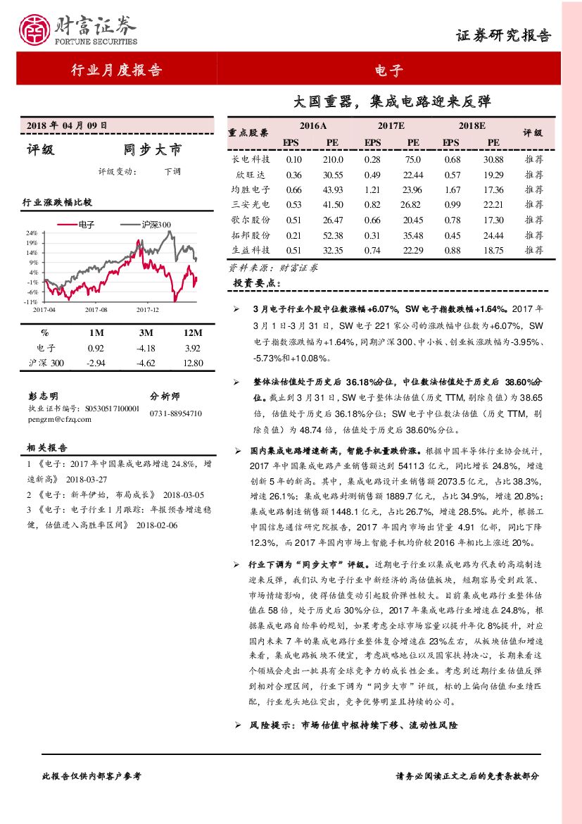 财富证券：电子行业月度报告：大国重器，集成电路迎来反弹