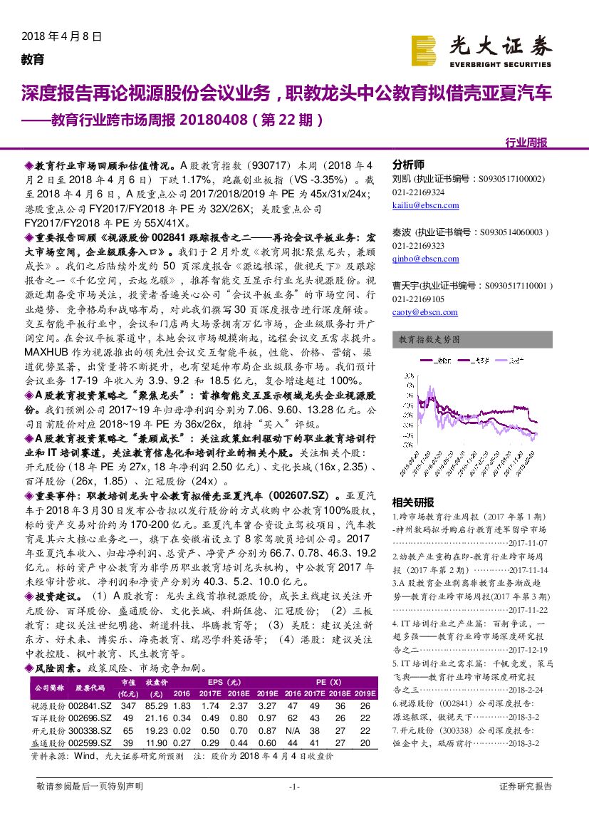 光大证券：教育行业跨市场周报（第22期）：深度报告再论视源股份会议业务，职教龙头中公教育拟借壳亚夏汽车